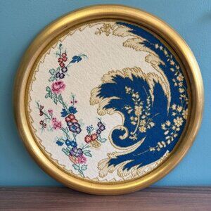 Vintage European Floral Needlepoint Art In Gold Round Frame
